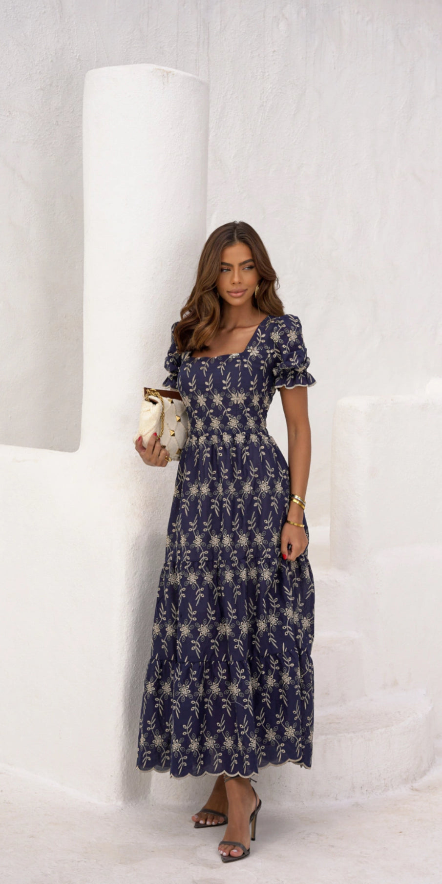 Embroidered Laise Dress (Navy Blue)